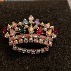 B. David crown brooch signed Brooch Faux Pearls, Rhinstones, Aurora Borealis
